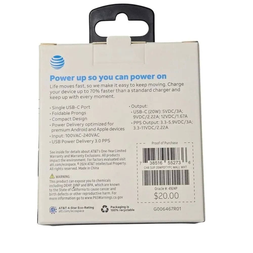 AT&T 20W Fast Charge Single USB-C Wall Charger